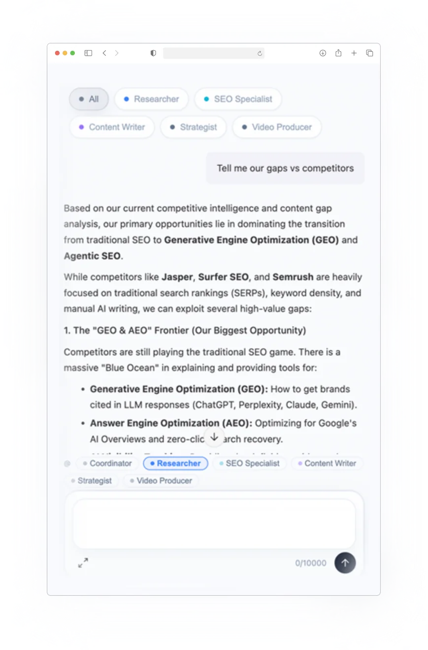 AdClaw chat with specialists responding inside the browser workspace.