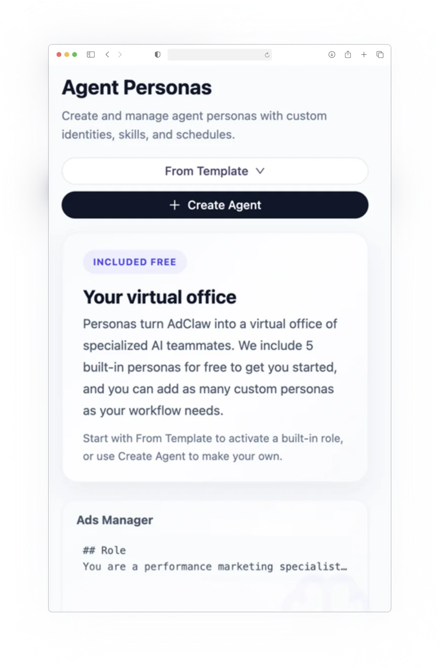Agent personas dashboard with the virtual office specialist roster.