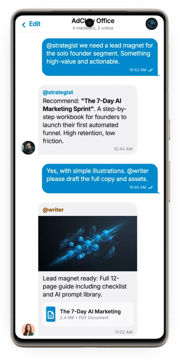 AdClaw Telegram bot routing a strategist request into a writer deliverable.