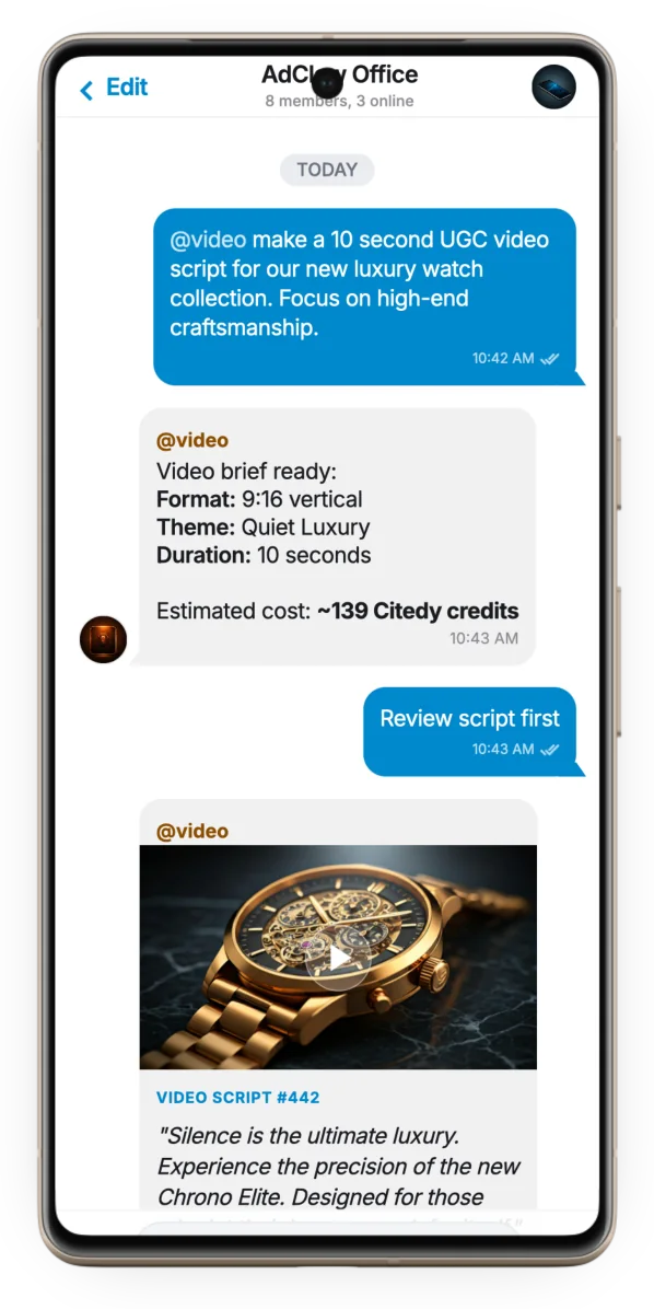 AdClaw Telegram bot creating a UGC video brief and script